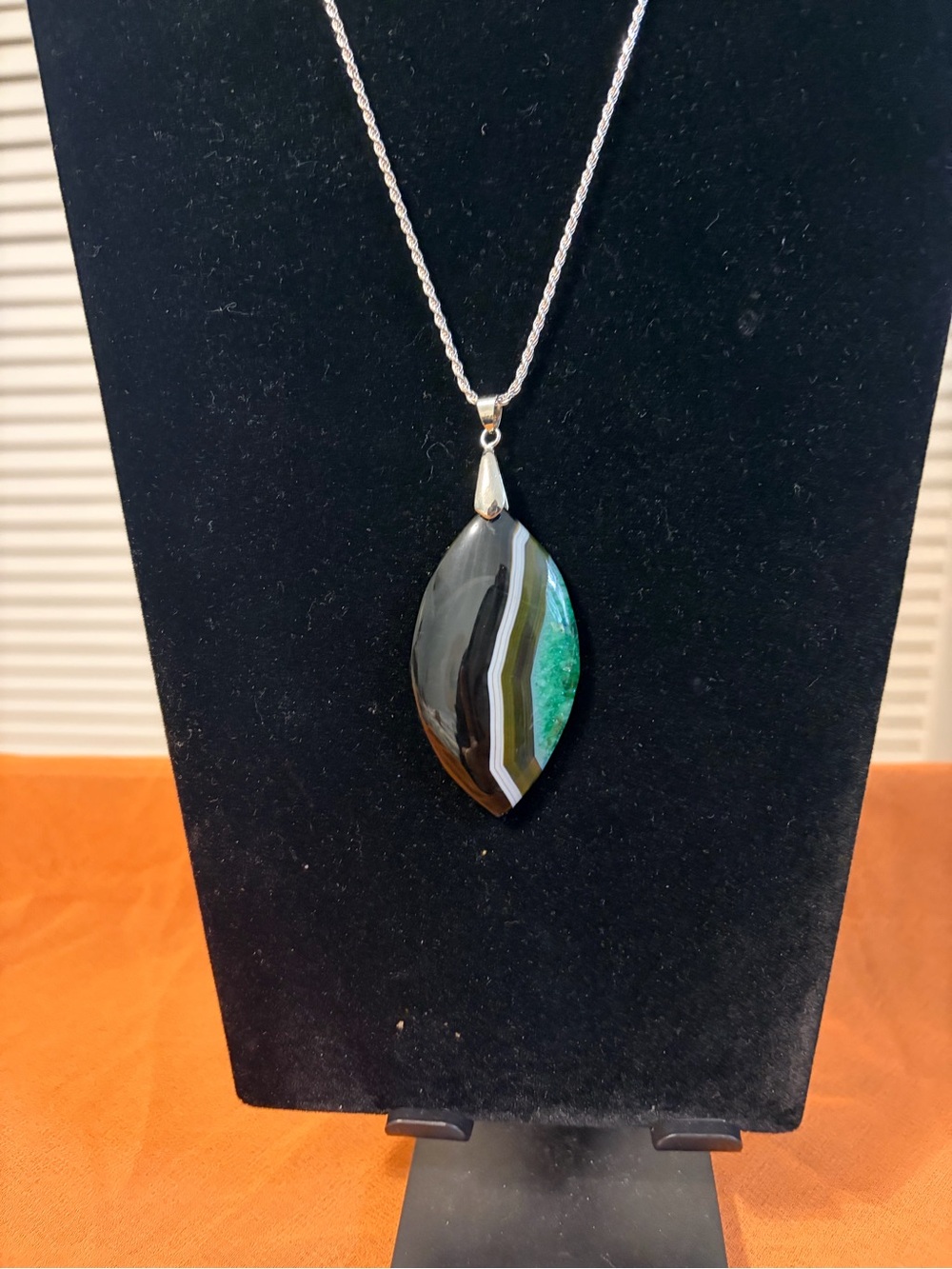 Green and Black Marquise Agate Pendant Necklace with Silver Bail, Sterling Chain